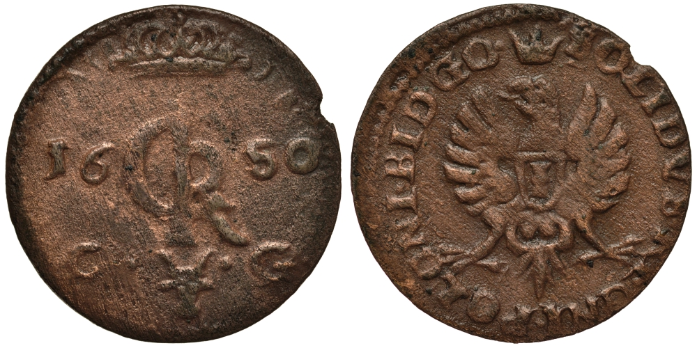 Польша 1 шиллинг (шеляг) 1650 CG, Йоханн II Казимир Ваза (Ян Казимир) (1649-1668), вес 2,53 г KM 84, Kop. 1542 (R3), Tyszkiewicz 5 mk медь 00-818-59