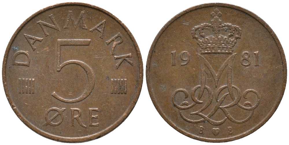 ДАНИЯ 5 ЭРЕ 1981 B; B, МАРГРЕТЕ II (1972-) KM 859.2 железо плакированное медью 116-147