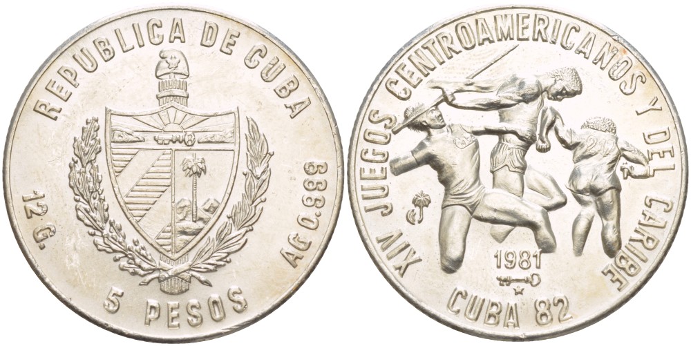 Куба 5 песо 1981 XIV Центрально-Американские и Карибские игры на Кубе 1982 года, легкоатлетические виды спорта, тираж 5000 экземпляров KM 80 серебро  UNC 1087-8-33