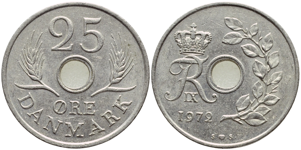 ДАНИЯ 25 ЭРЕ 1972 S; S, ФРЕДЕРИК IX (1947-1972) KM 855.2 медно-никель 4397-215