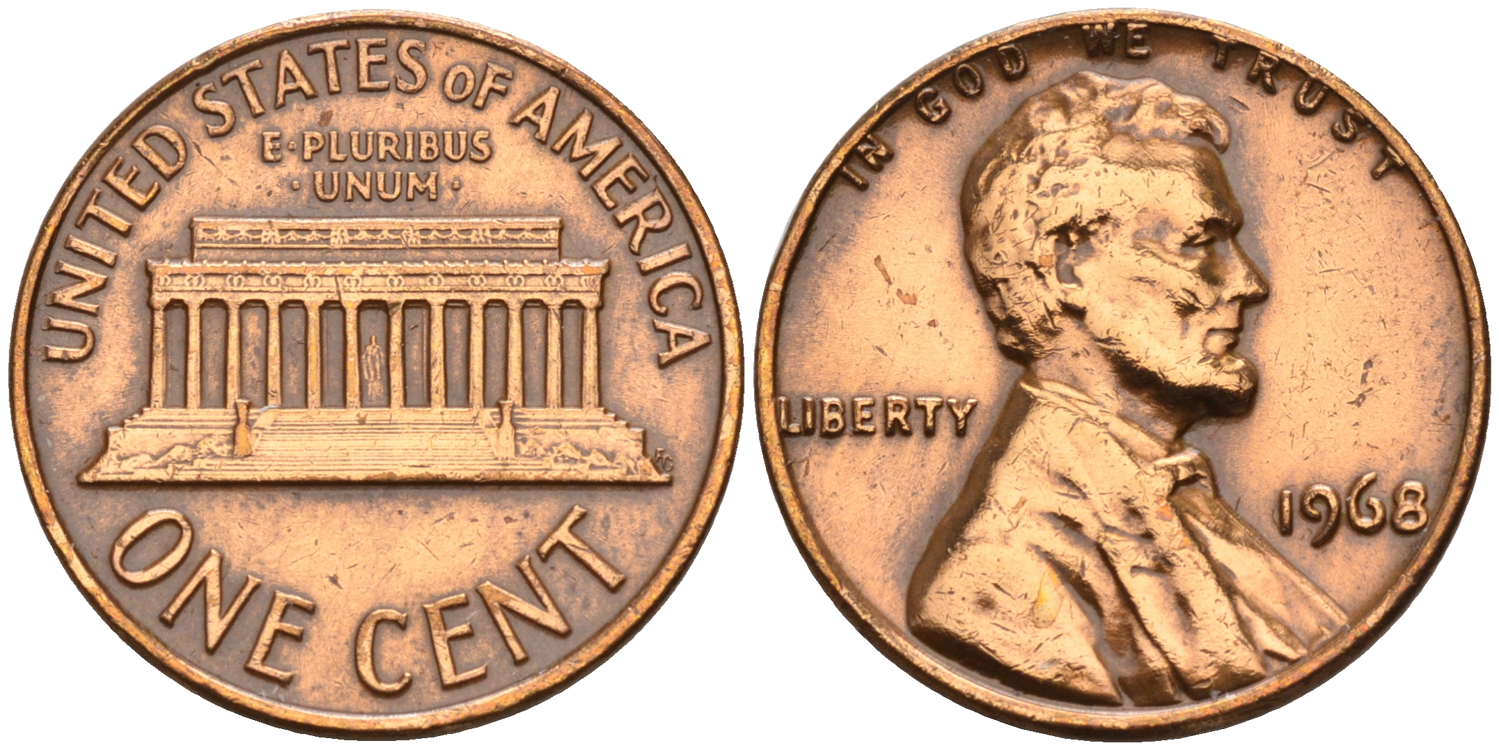 США 1 цент 1968 Линкольн KM 201 медь цинк    4115-318