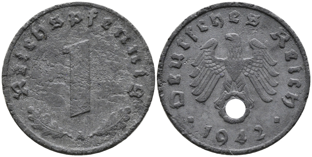 ГЕРМАНИЯ 1 РЕЙХСПФЕННИГ 1942 A KM 97, J.369 цинк 96-726