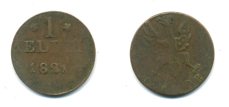 Франкфурт 1 геллер 1821 GB AKS 30, Jaeger 10, KM 301 медь 54-624