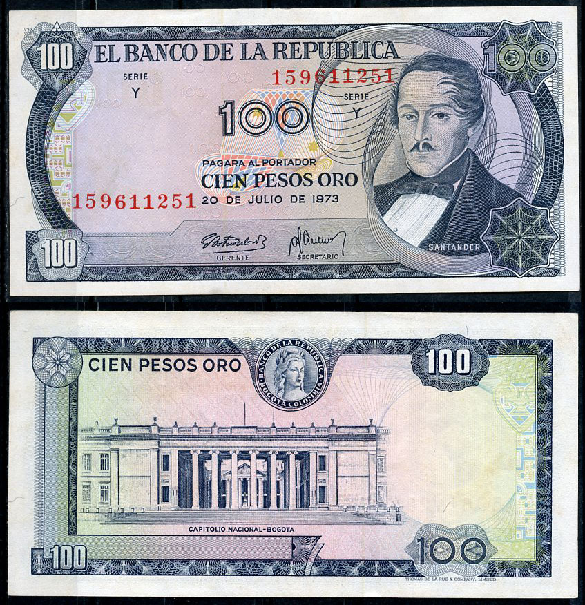 Колумбия 100 песо 1973 генерал Франсиско де Паула Сантандер, герой освободительной войны Pick 415  бумага  UNC (пресс) 7219-7-3-1