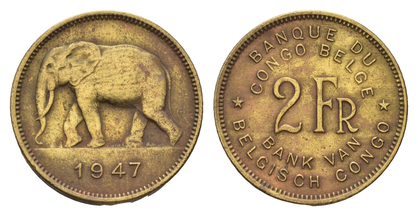 Бельгийское Конго 2 франка 1947 слон, Леопольд III KM 28 латунь 4670-1231