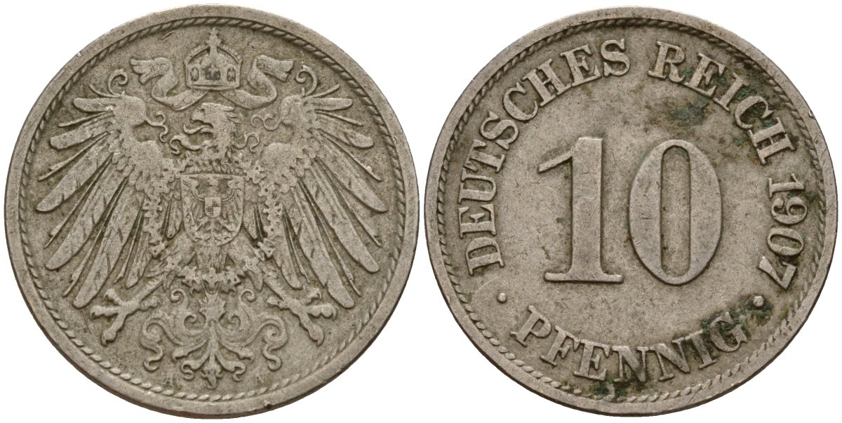 Германия 10 пфеннигов 1907 A KM 12, J. 13 медно-никель 4187-1025