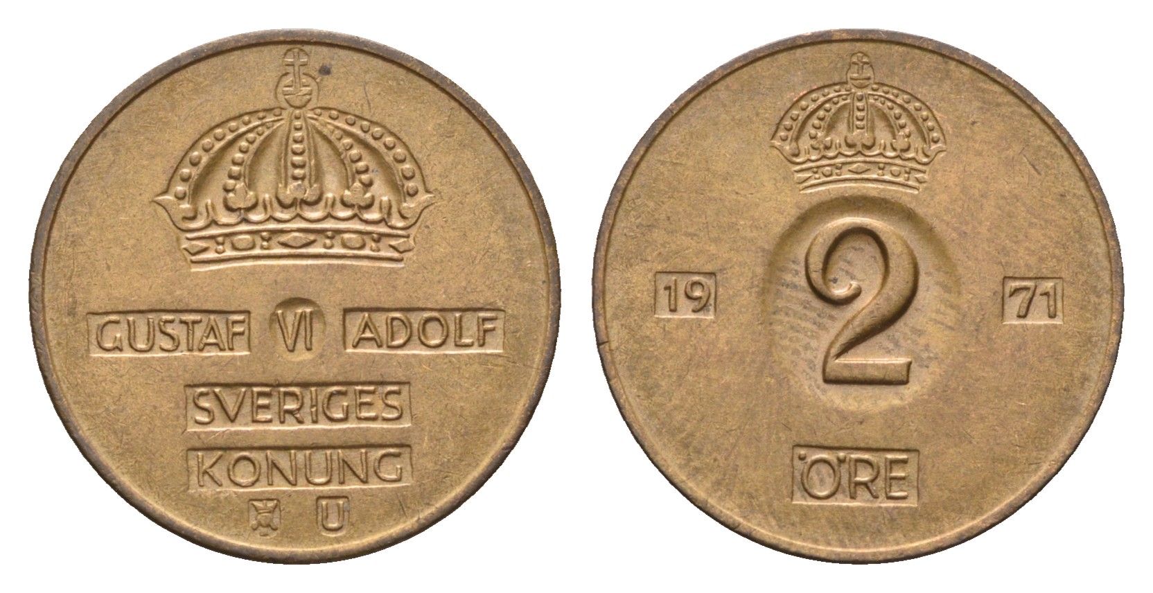Швеция 2 эре 1971 TS, Густав VI Адольф (1950-1973) KM 821 бронза 27-246