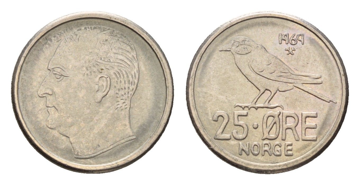 Норвегия 25 эре 1969 Улаф V (1957-1991) KM 407 медно-никель 4588-434