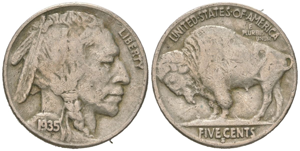США 5 центов 1935 S, индеец, бизон KM 134 медно-никель 4614-1227