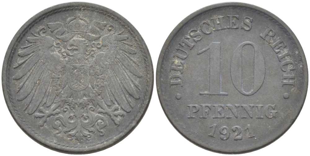 ГЕРМАНИЯ 10 ПФЕННИГОВ 1921 (1917-1922) KM 26, J. 299, Weege 8 цинк 210-253