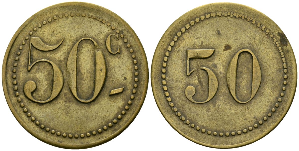 Франция 50 сантимов XIX-XX век ресторанный жетон латунь 4166-1316