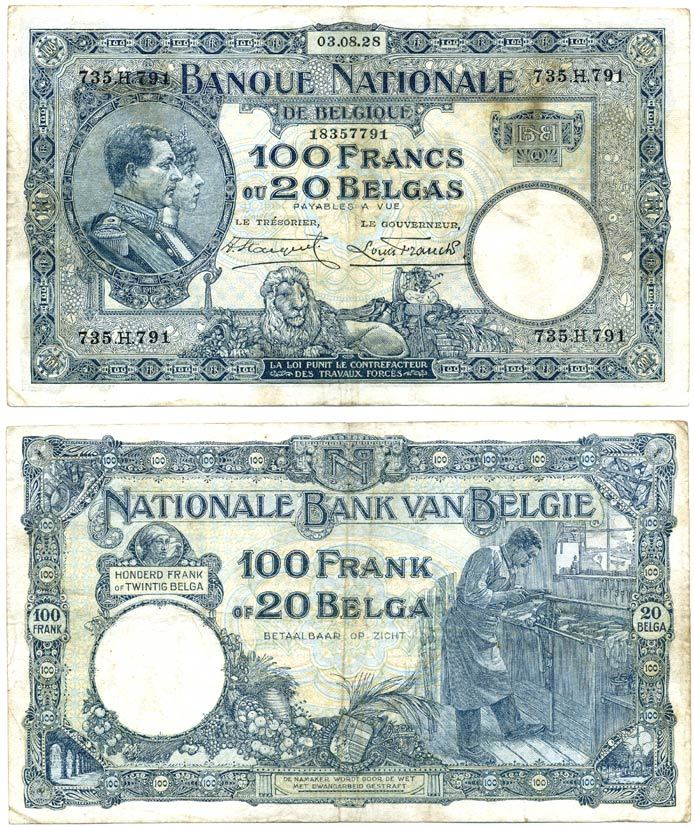 БЕЛЬГИЯ 100 ФРАНКОВ = 20 БЕЛГА 1928 3 АВГУСТА 1928 Pick 102 бумага 7486-33-2-1