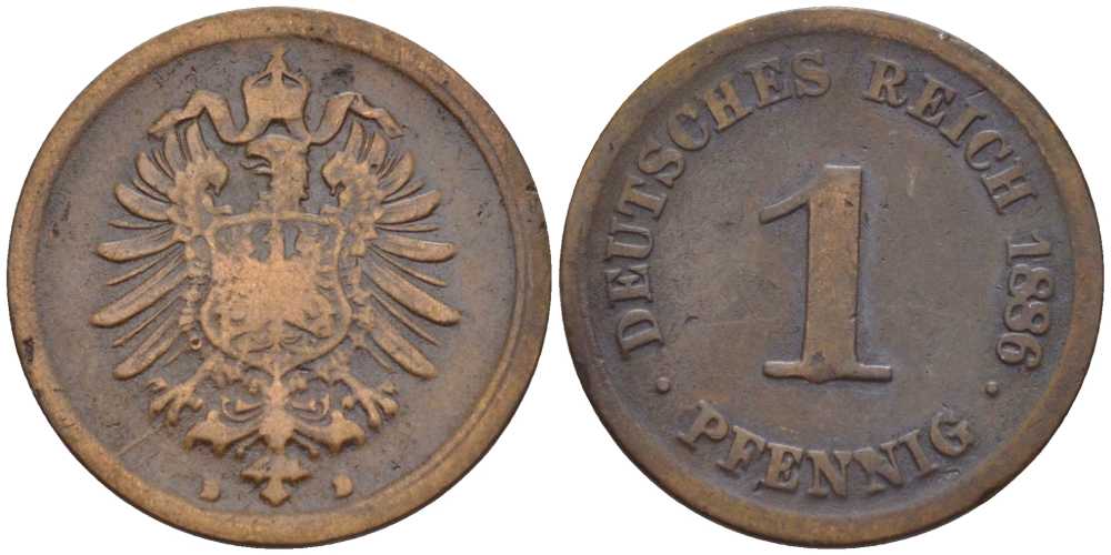 ГЕРМАНИЯ 1 ПФЕННИГ 1886 D, СТАРОГЕРБОВКА KM 1, J. 1, Weege 1 медь 206-1248