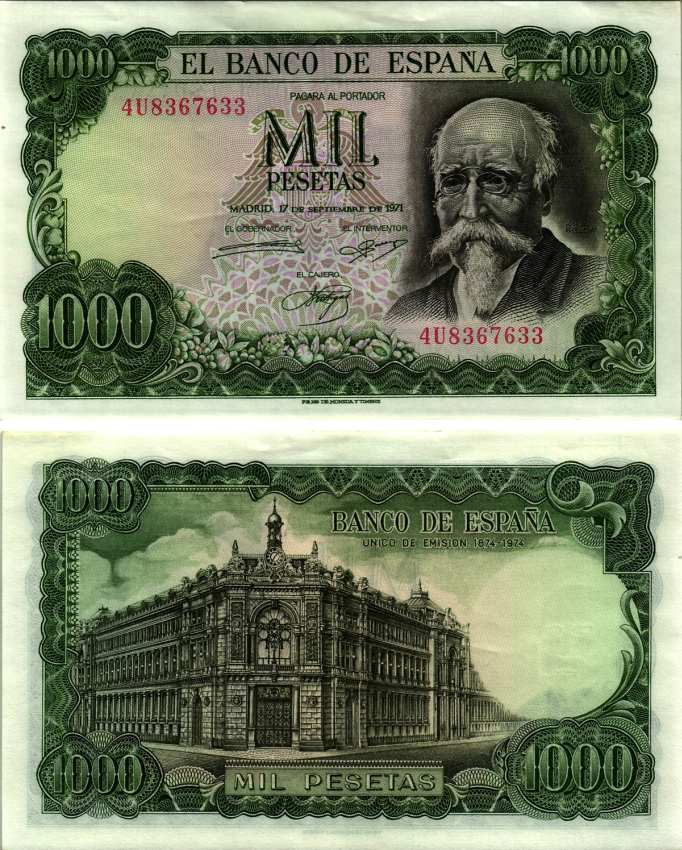 Испания 1000 песет 1971 (1974) Хосе Эчегерай-и-Эйсагирре, 100 лет со дня того, как Banco de España стал единственным банком-эмитентом (1874–1974) Pick 154 бумага aUNC 6293-25-2-1