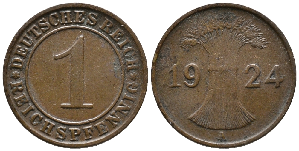 ГЕРМАНИЯ 1 РЕЙХСПФЕННИГ 1924 A KM 37, J. 313 бронза 39-848