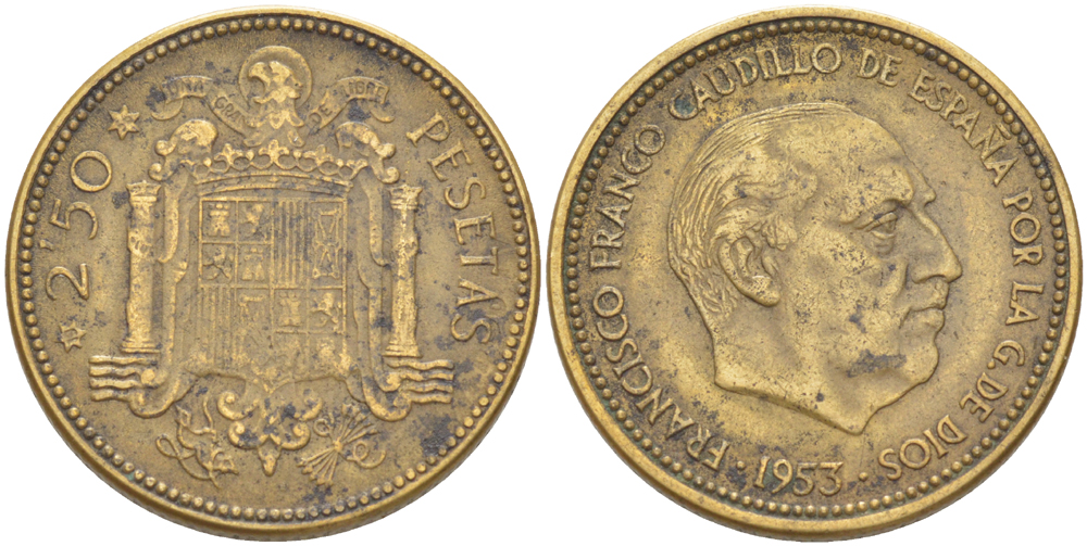 ИСПАНИЯ 2 1/2 ПЕСЕТЫ 1953 (56) ФРАНСИСКО ФРАНКО ДИКТАТОР ИСПАНИИ ( 1939- 1975) KM 785 алюминиевая бронза 216-433