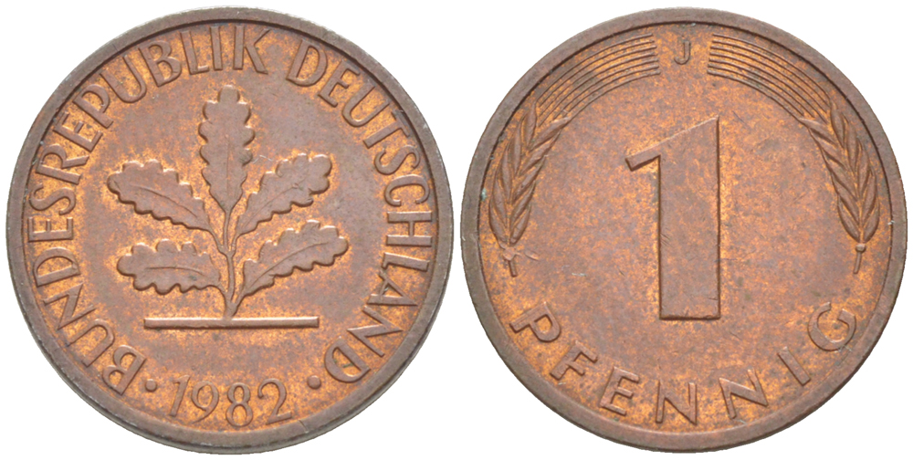 ФРГ 1 ПФЕННИГ 1982 J KM 105, J. 380 сталь плакированная медью 4181-649
