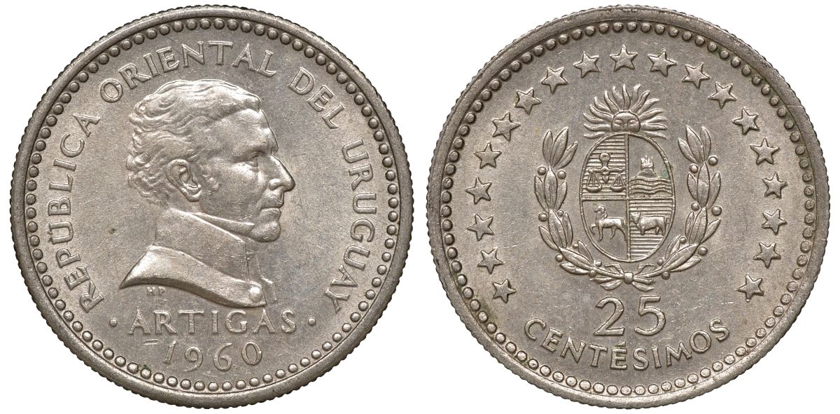 Уругвай 25 сентесимо 1960 KM 40 медно-никель 4169-1041