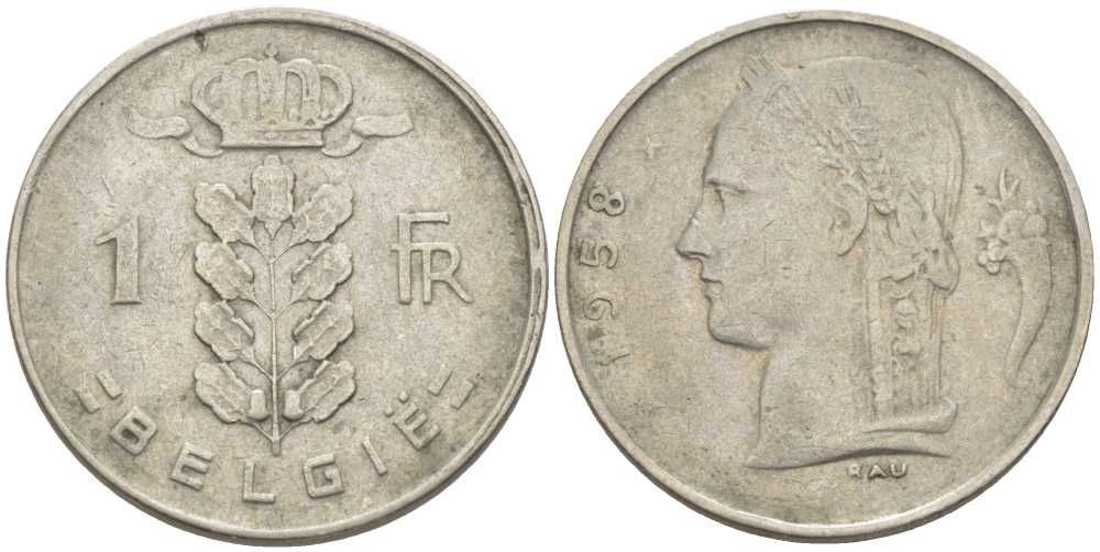 Бельгия 1 франк 1958 Belgie, Бодуэн I (1951-1993) KM 143.1 медно-никель 119-546