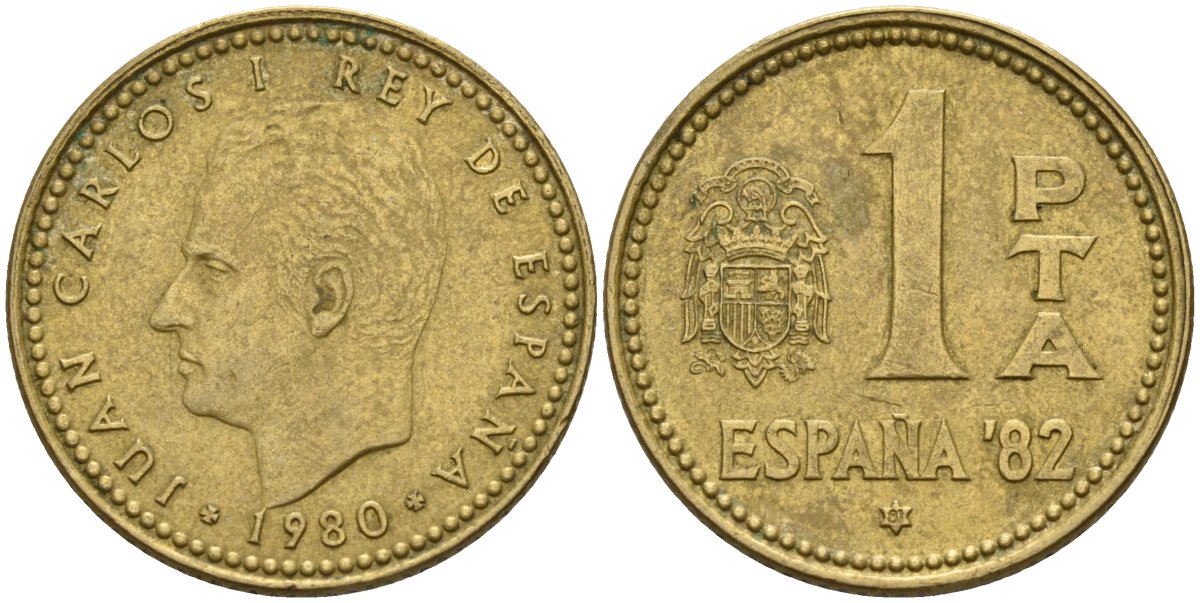 Испания 1 песета 1980 (81) чемпионат мира по футболу 1982 года в Испании, Хуан Карлос I (1975 - 2014) KM 816 алюминиевая бронза 4155-452