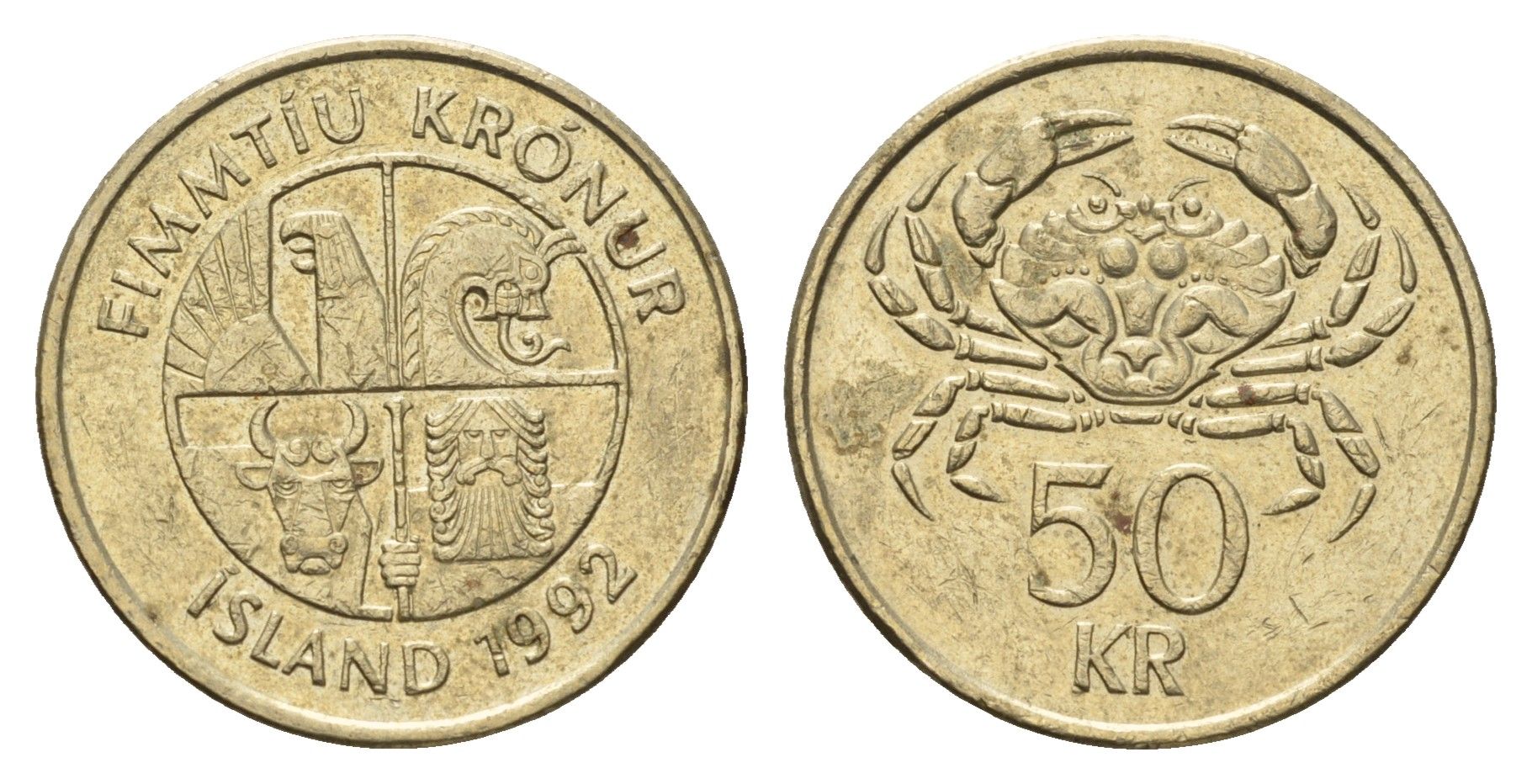 Исландия 50 крон 1992 краб KM 31 никель латунь 4691-224