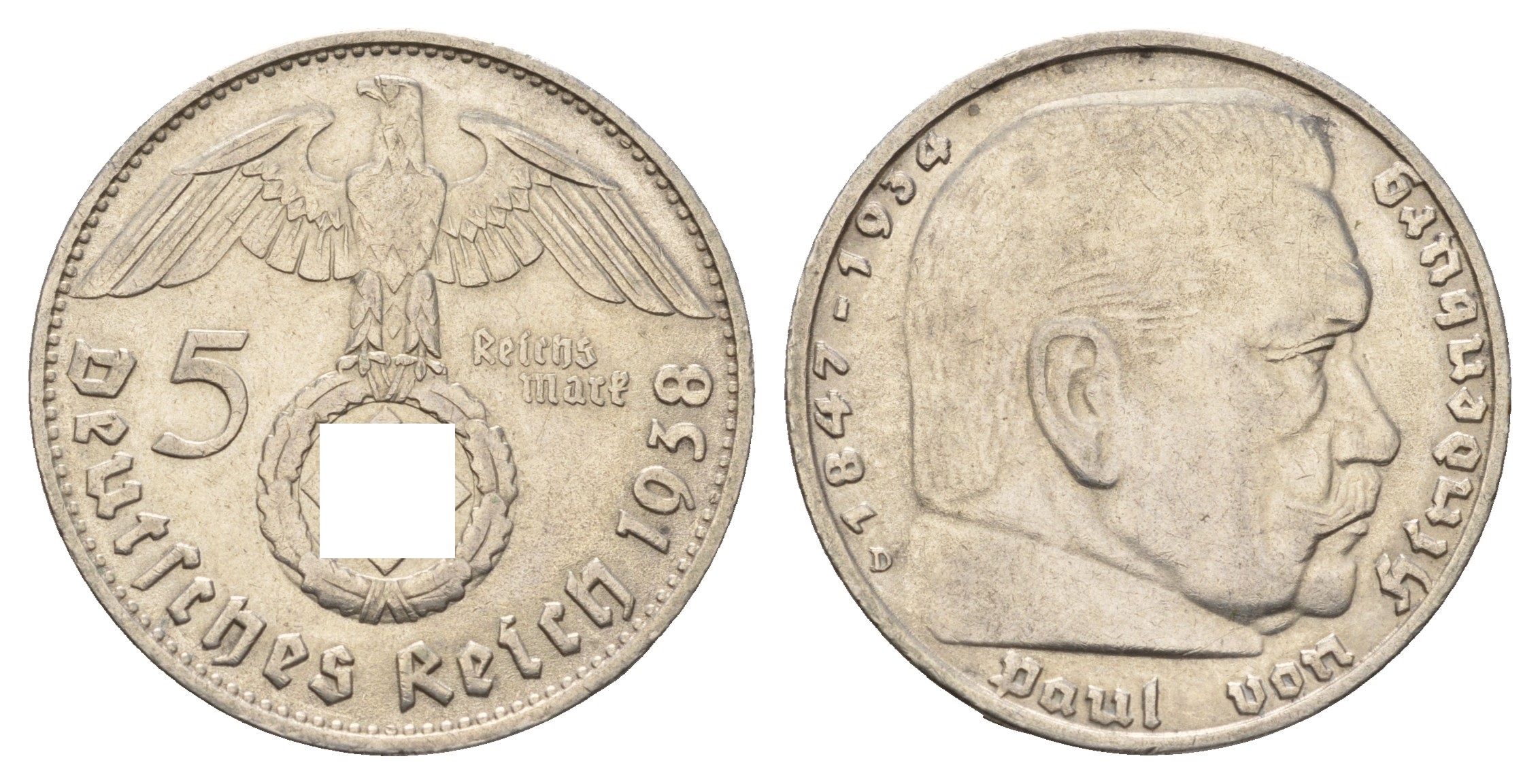 Германия 5 рейхсмарок 1938 D, Пауль фон Гинденбург (1847-1934) KM 94, J. 367 серебро 1518-1611