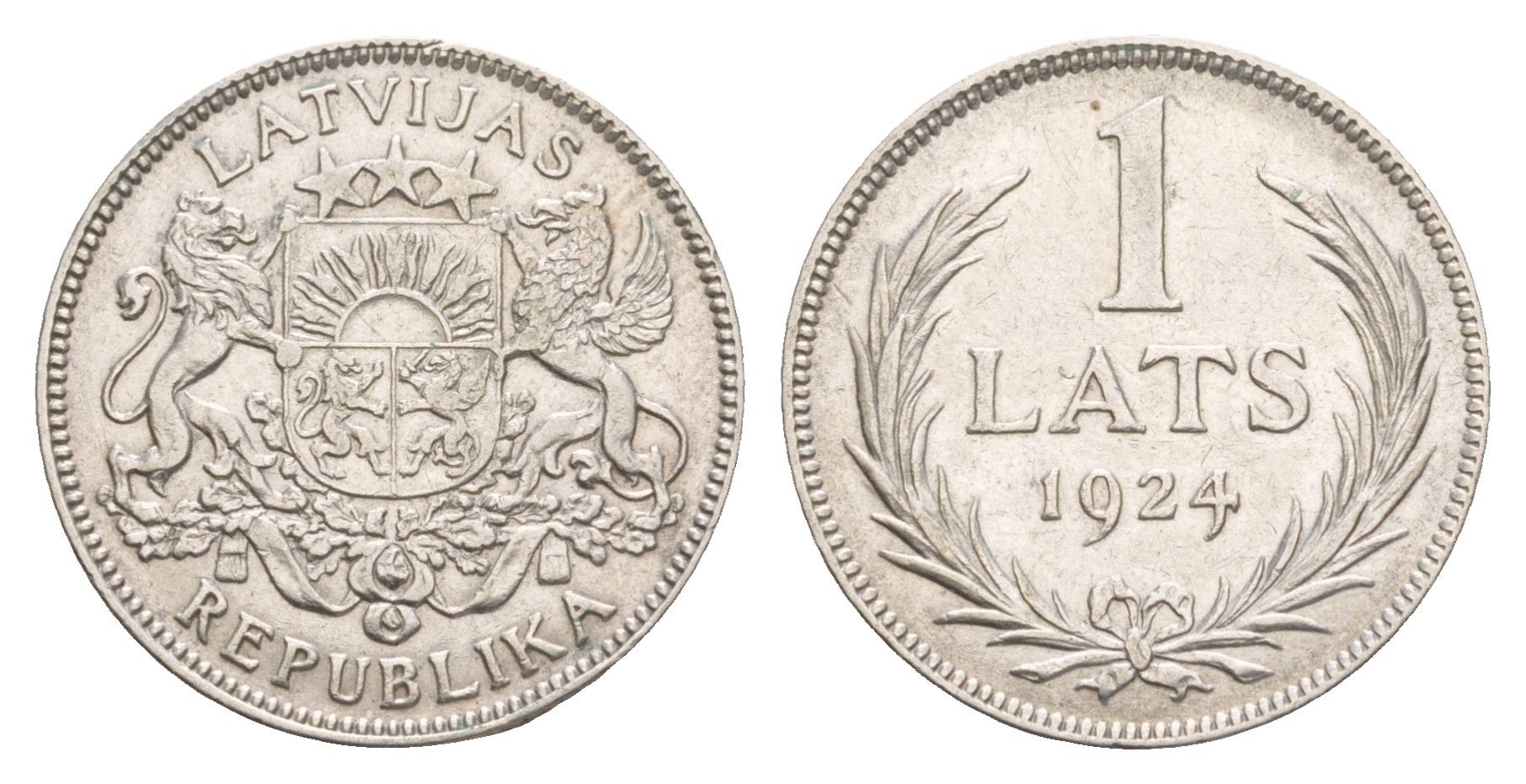 Латвия 1 лат 1924 год-тип KM 7 серебро 4658-1255