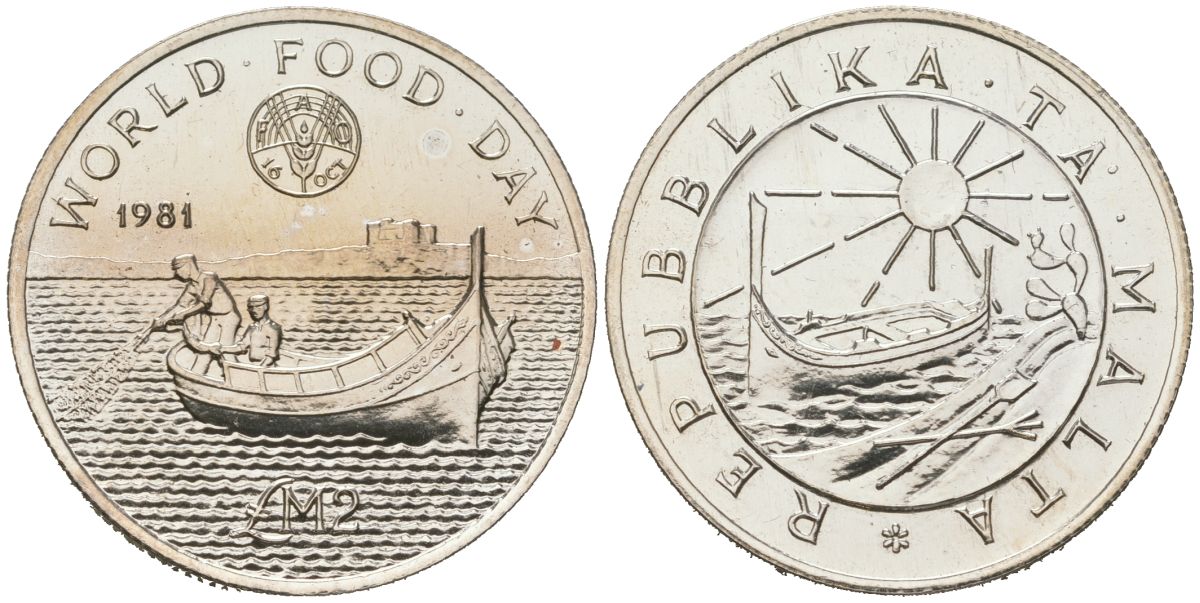 Мальта 2 лиры 1981 Всемирный день продовольствия KM 52 серебро BU 1517-531