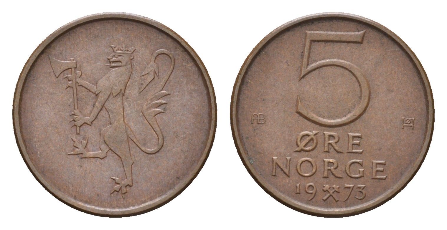 Норвегия 5 эре 1973 Улаф V (1957-1991) KM 415 бронза 4702-263