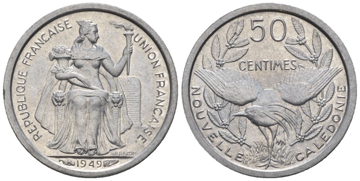 Французская Новая Каледония 50 сантим 1949 птица кагу, заморские территории KM 1 алюминий  aUNC  4609-934