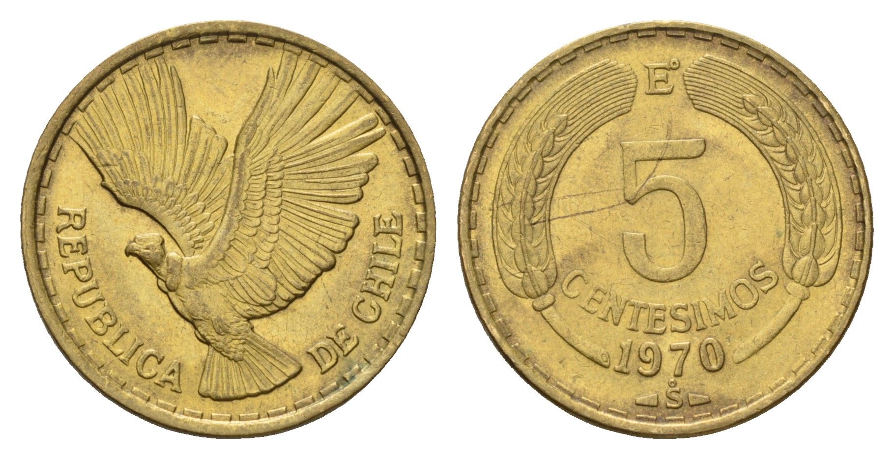 Чили 5 сентесимо 1970 KM 190 алюминиевая бронза 4688-253