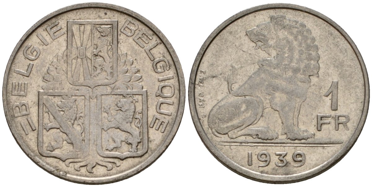 Бельгия 1 франк 1939 Belgie - Belgique KM 120 никель 4603-1255