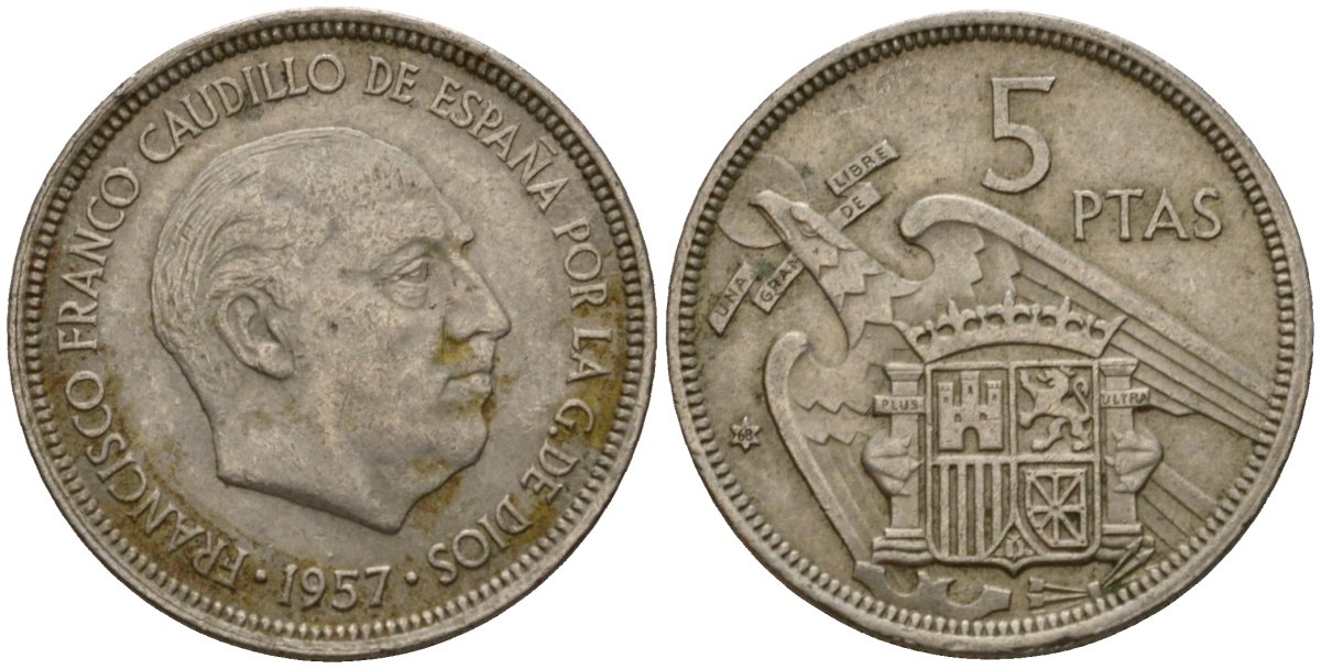 Испания 5 песет 1957 (68) Франсиско Франко (1939-1975) KM 786 медно-никель 186-647