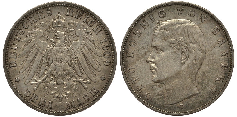 Бавария 3 марки 1909 Отто (1886-1913) Weege 45, J. 47, KM 515 серебро 3711-1922