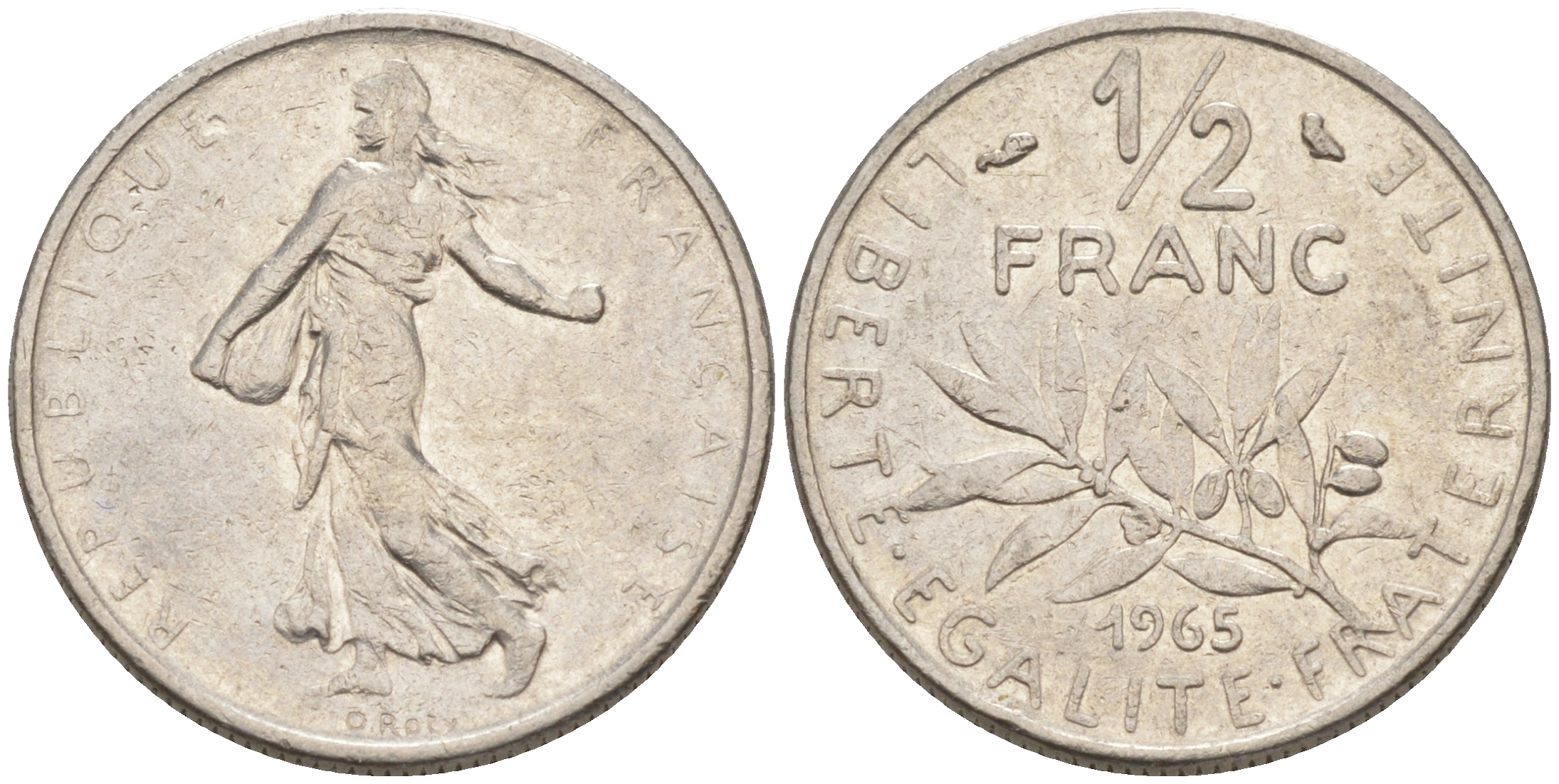 Франция 1/2 франка 1965 сеятель KM 931, Le Franc 198.3 никель 55-156