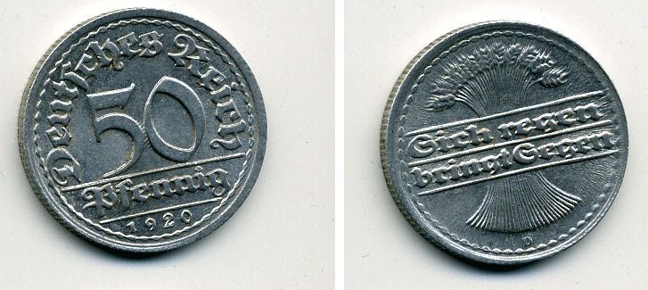 ГЕРМАНИЯ 50 ПФЕННИГОВ 1920 D KM 27, J. 301 алюминий 41-724