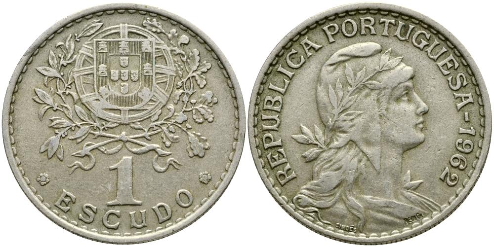 ПОРТУГАЛИЯ 1 ЭСКУДО 1962 KM 578 медно-никель 86-1532