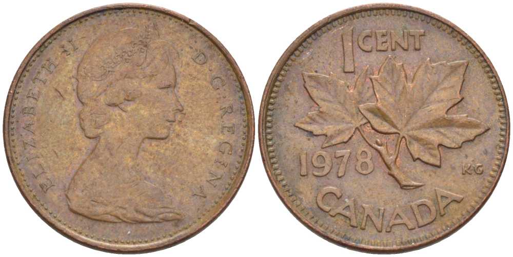 Канада 1 цент 1978 Елизавета II (1952-2022), кленовый лист KM 59.1 бронза 54-932