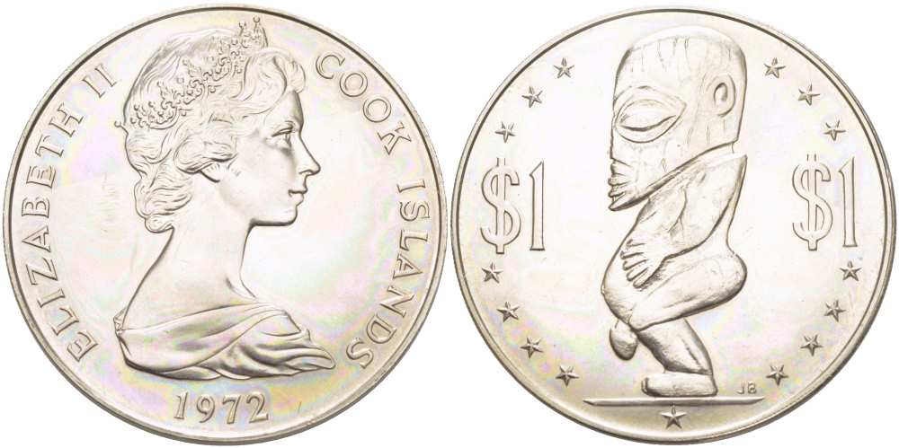 Острова Кука 1 доллар 1972 статуя бога Тангароа (полинезийский бог морской стихии) KM 7 медно-никель UNC 1085-7-12