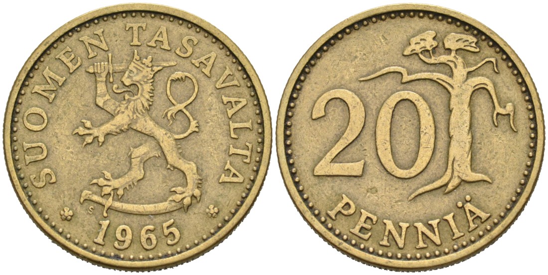 Финляндия 20 пенни 1965 S KM 47 алюминиевая бронза 4563-311