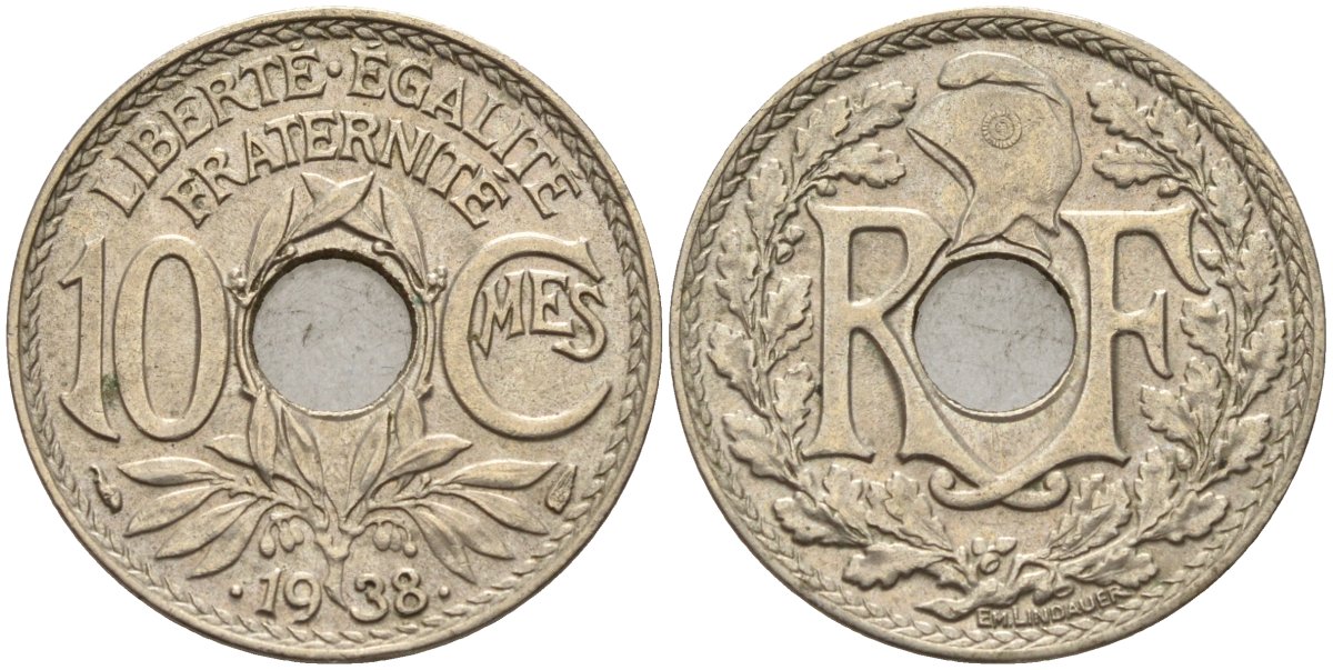 Франция 10 сантимов 1938 KM 866a, Le Franc 138.3 медно-никель 4143-1045