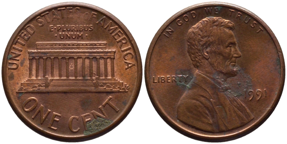 США 1 ЦЕНТ 1991 ЛИНКОЛЬН KM 201b цинк плакированный медью 66-1044