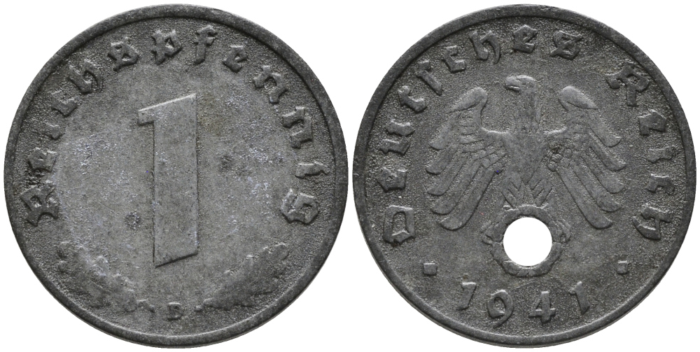 ГЕРМАНИЯ 1 РЕЙХСПФЕННИГ 1941 D KM 97, J.369 цинк 96-667