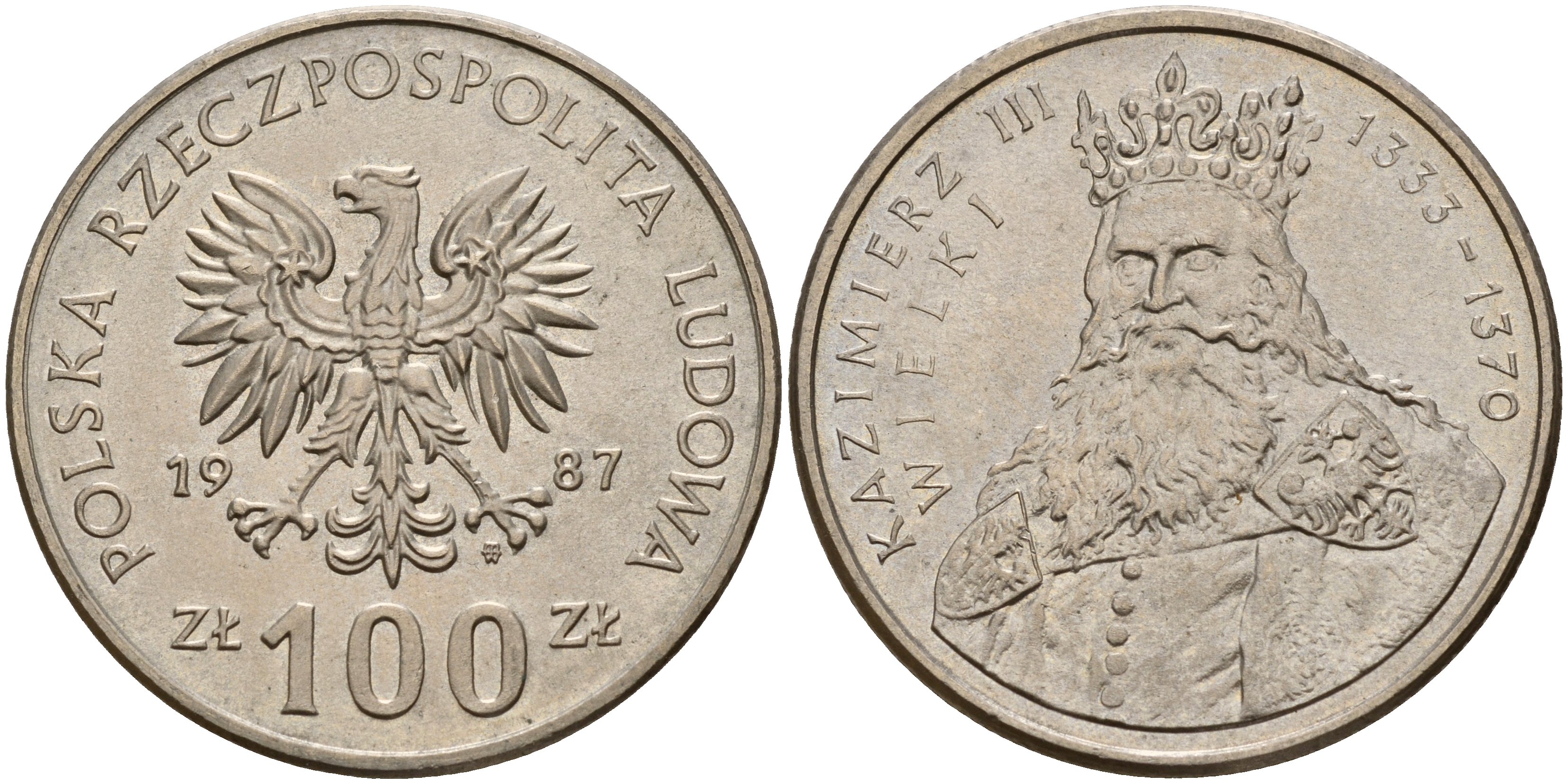 Польша 100 злотых 1987 MW, серия Польские короли, король Казимир III Великий (1333-1370) KM 167 медно-никель UNC 4599-731