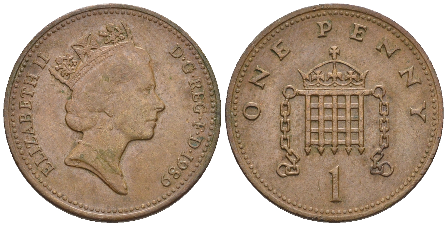Великобритания 1 пенни 1989 Елизавета II (1952-2022) KM 935, Spink 4381 (B3) бронза 4609-965