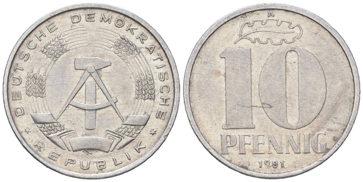 ГДР 10 пфеннигов 1981 A KM 10 алюминий 201-1035