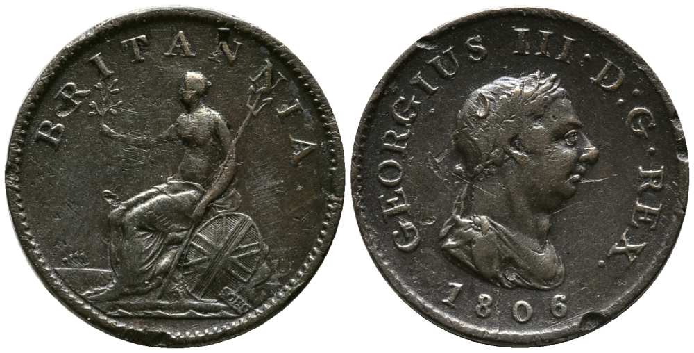 Великобритания 1 фартинг 1806 Георг III (1760-1820) KM 661, Spink 3782 медь 1518-245