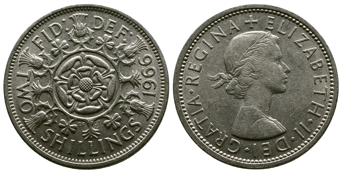 Великобритания 2 шиллинга (флорин) 1966 Елизавета II (1952-2022) KM 906, Spink 4146 медно-никель 4382-642