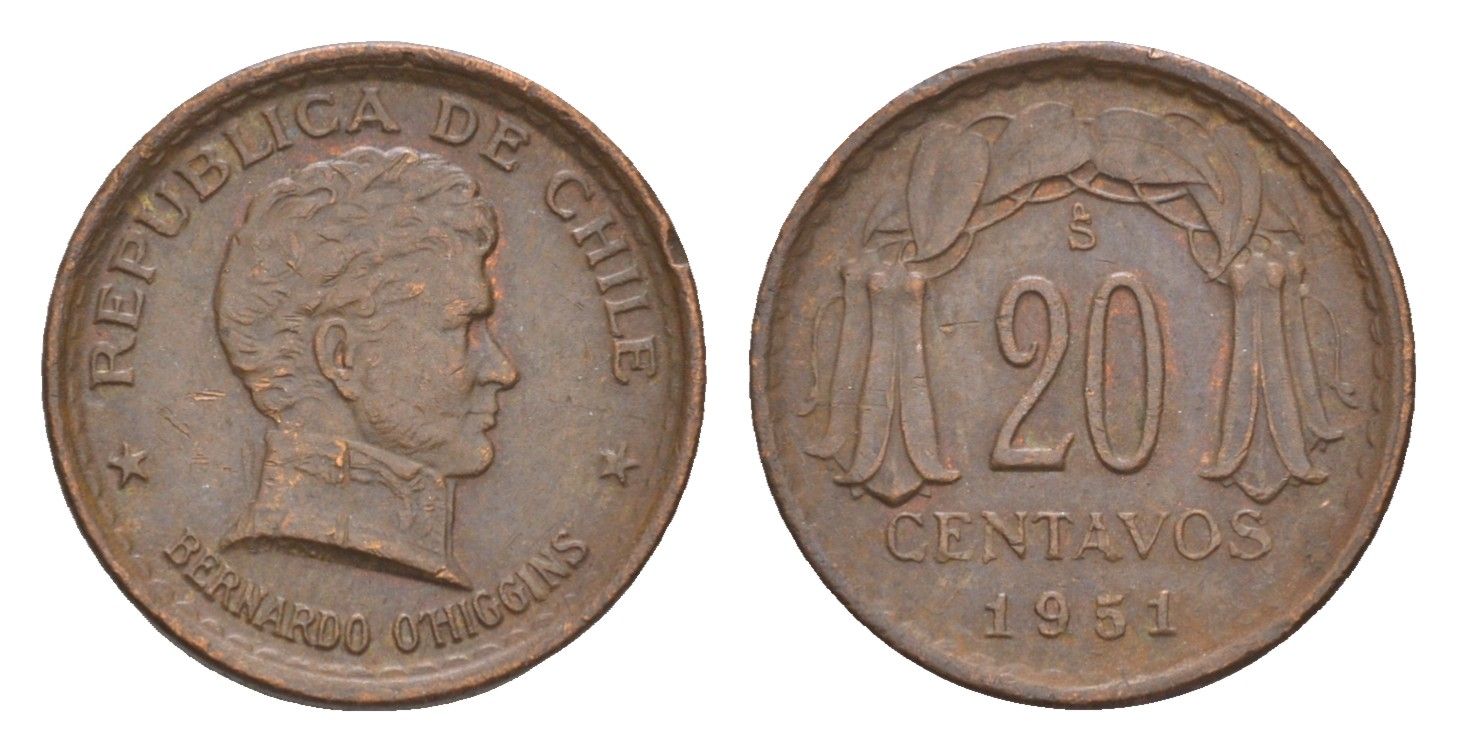 Чили 20 сентаво 1951 KM 177 медь 4655-918