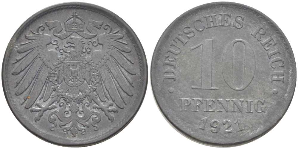 ГЕРМАНИЯ 10 ПФЕННИГОВ 1921 (1917-1922) KM 26, J. 299, Weege 8 цинк 210-233